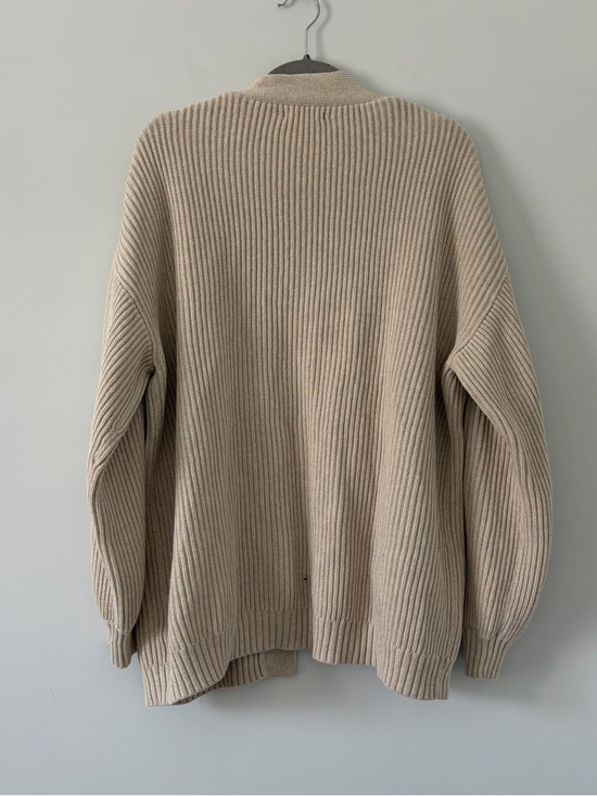 Quince Organic Cotton Oversized Knit Ribbed Cardigan Sweater Speckled Beige L - Picture 6 of 9